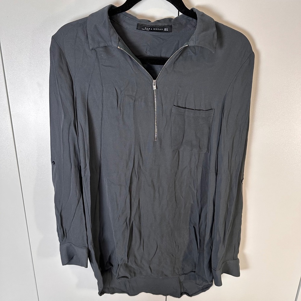 Zara Womens M Gray Tunic Blouse Viscose Long Sleeve Pocket Zip Front Soft Light